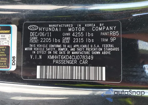 2012 Hyundai Genesis 2.0T z USA, uszkodzony, nr VIN KMHHT6KD4CU078349